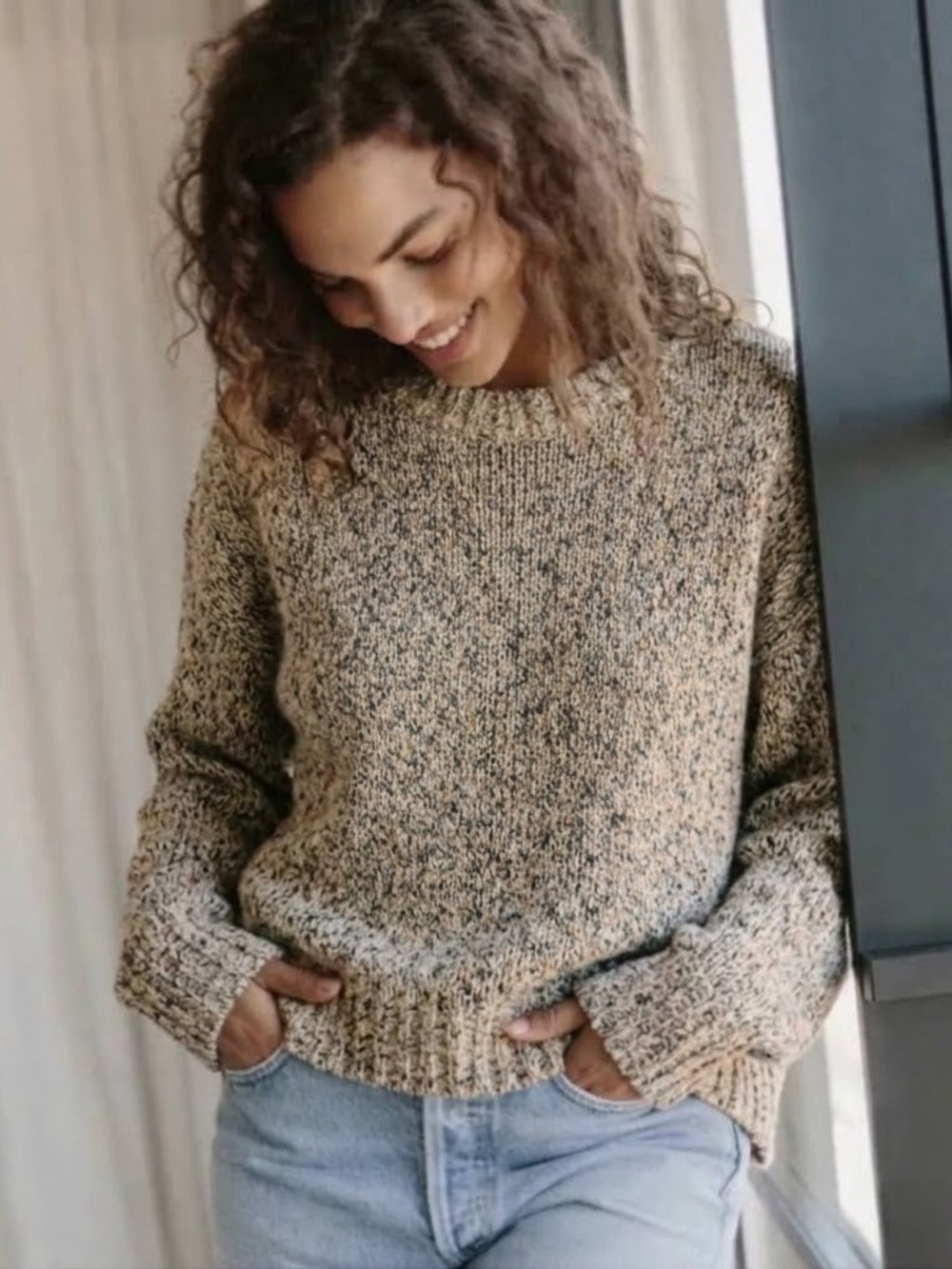 Jenni Kayne Cropped Cocoon Crewneck Sweater Marl Neutral Speckled Knit Cotton